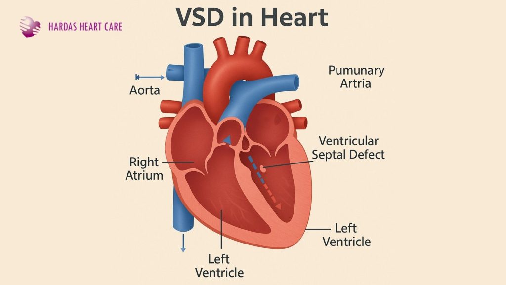 Illustration of a heart showing Ventricular Septal Defect (VSD) highlighting the abnormal opening between the heart's ventricles, related to pediatric heart care in Pune