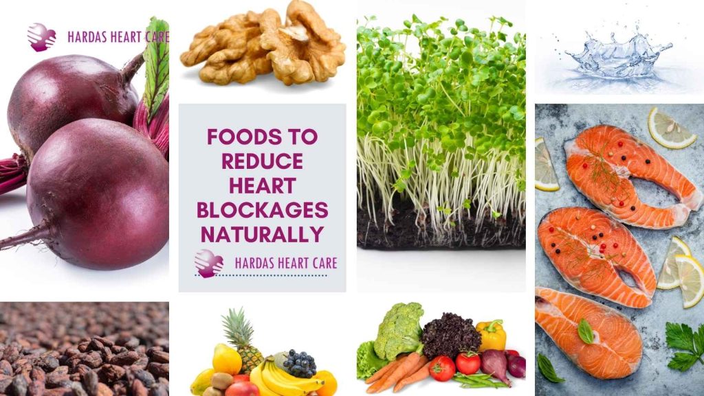 Heart-healthy foods like beetroot, walnuts, fish, microgreens, and dark chocolate on a wooden table