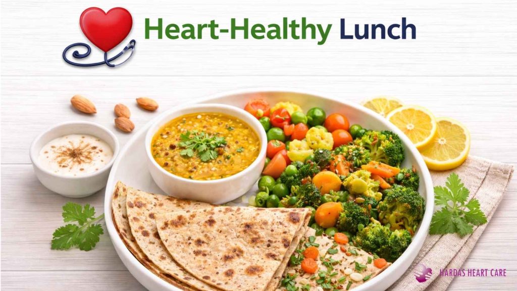 Heart-healthy Indian lunch with multigrain roti, dal, vegetables, and curd for cardiac wellness