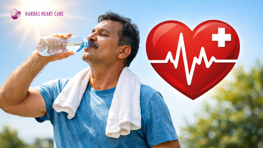 A person drinking water in the sun with a heart health icon overlay - Top cardiologist in Pune