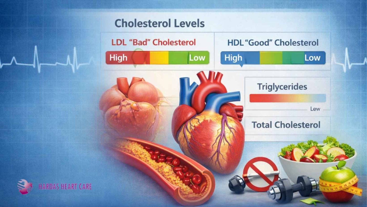 Cholesterol levels chart with heart, artery plaque, and healthy lifestyle icons for heart health awareness - best cardiovascular surgeon in Pune - Dr. Suhas Hardas