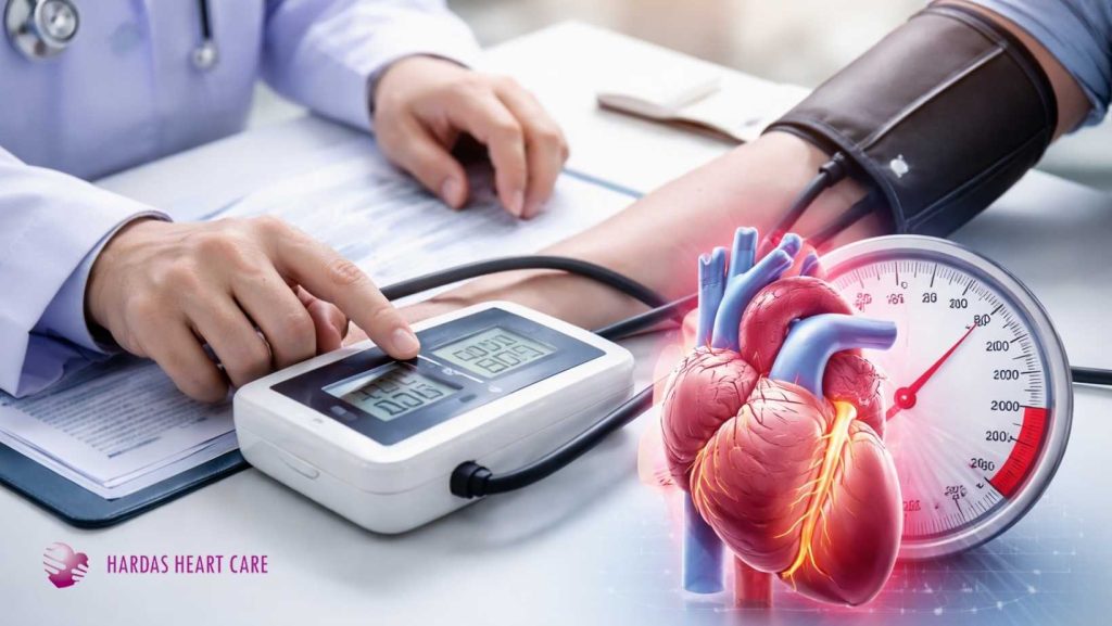 Doctor checking patient blood pressure for hypertension diagnosis