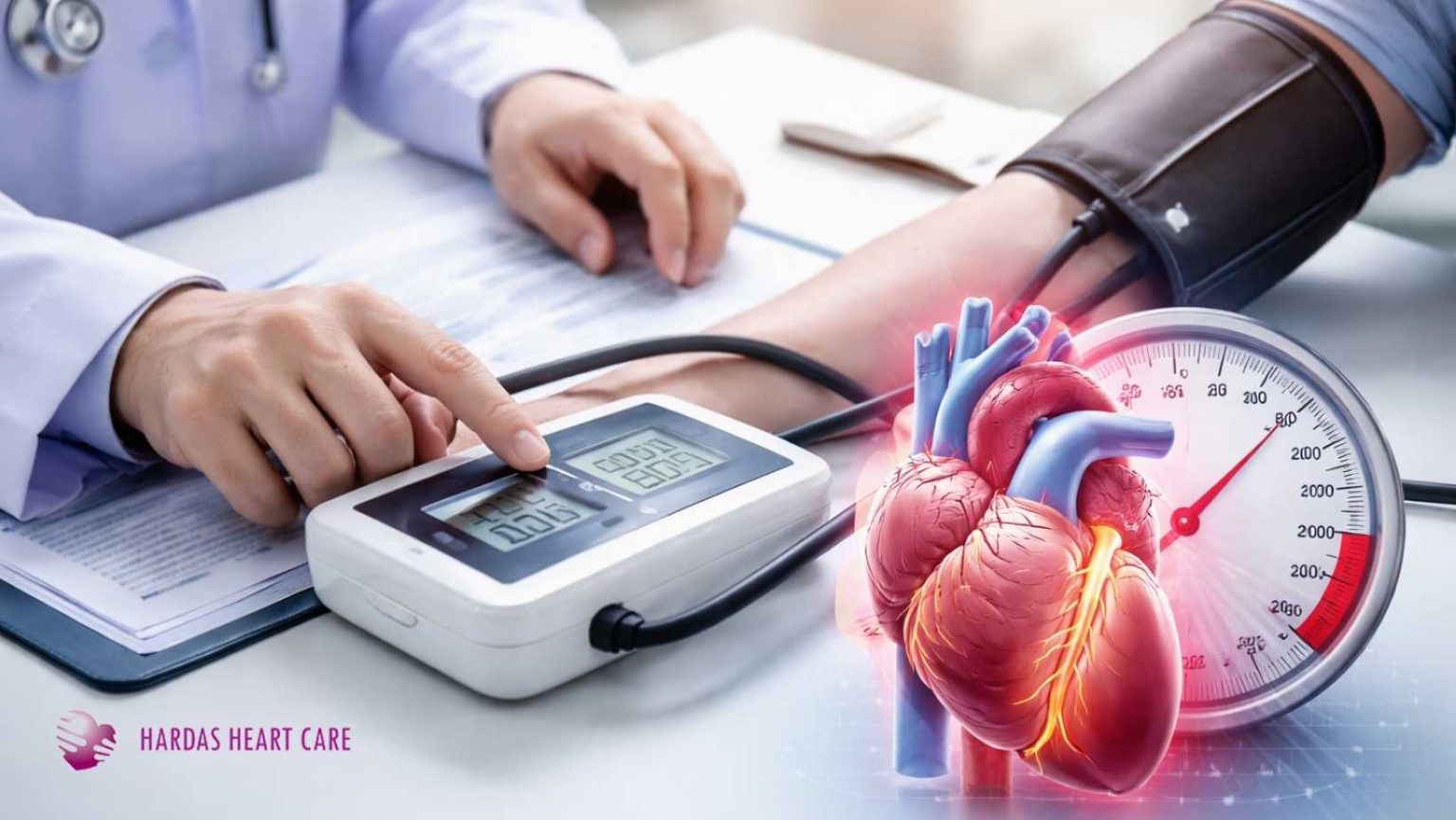 Doctor checking patient blood pressure for hypertension diagnosis