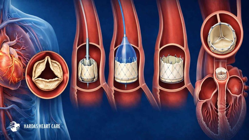 Transcatheter aortic valve implantation (TAVI/TAVR) procedure illustration showing catheter-based valve replacement in the human heart