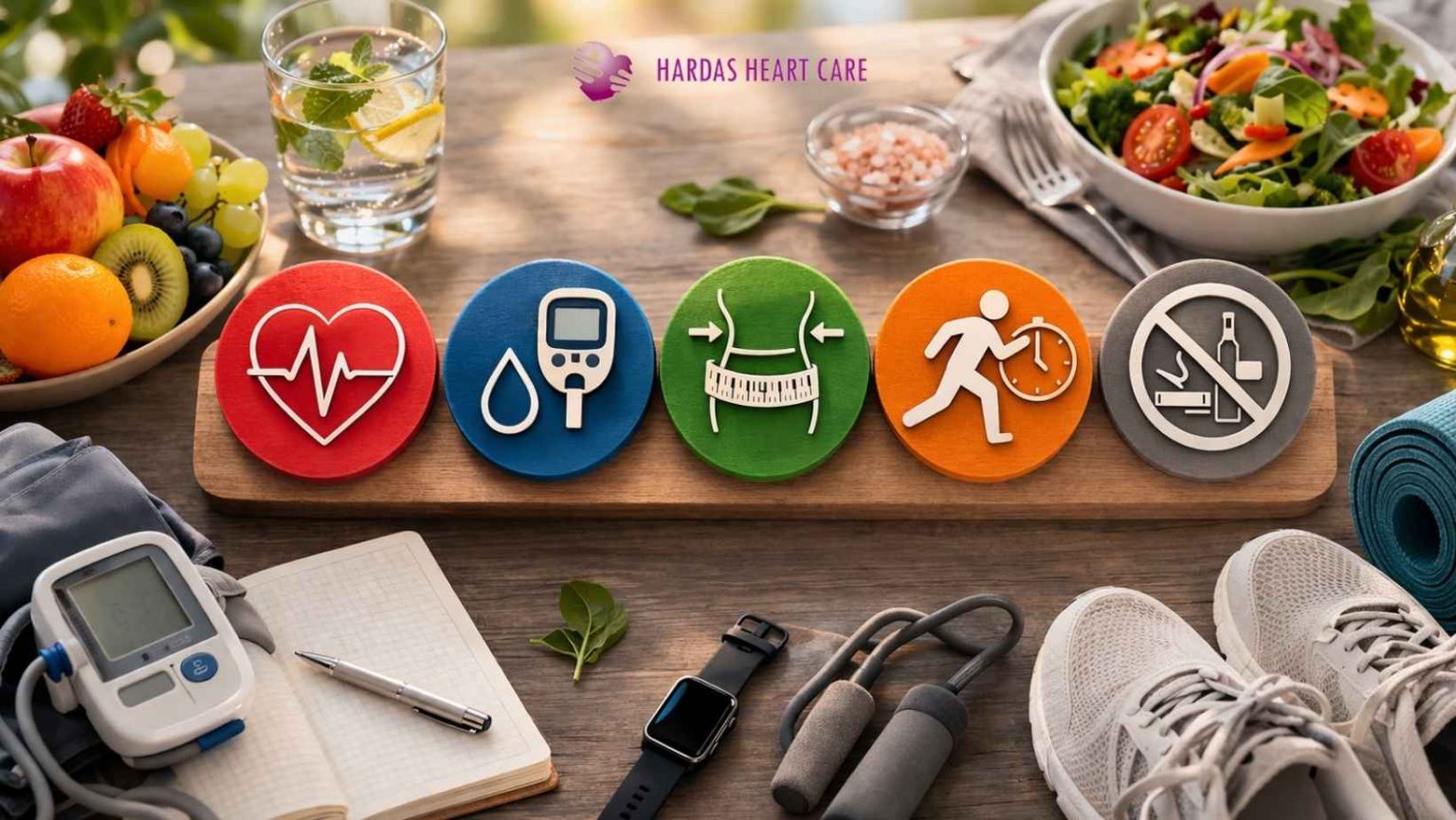 Healthy heart lifestyle flat lay with fruits, vegetables, blood pressure monitor, glucometer, fitness gear and no smoking sign