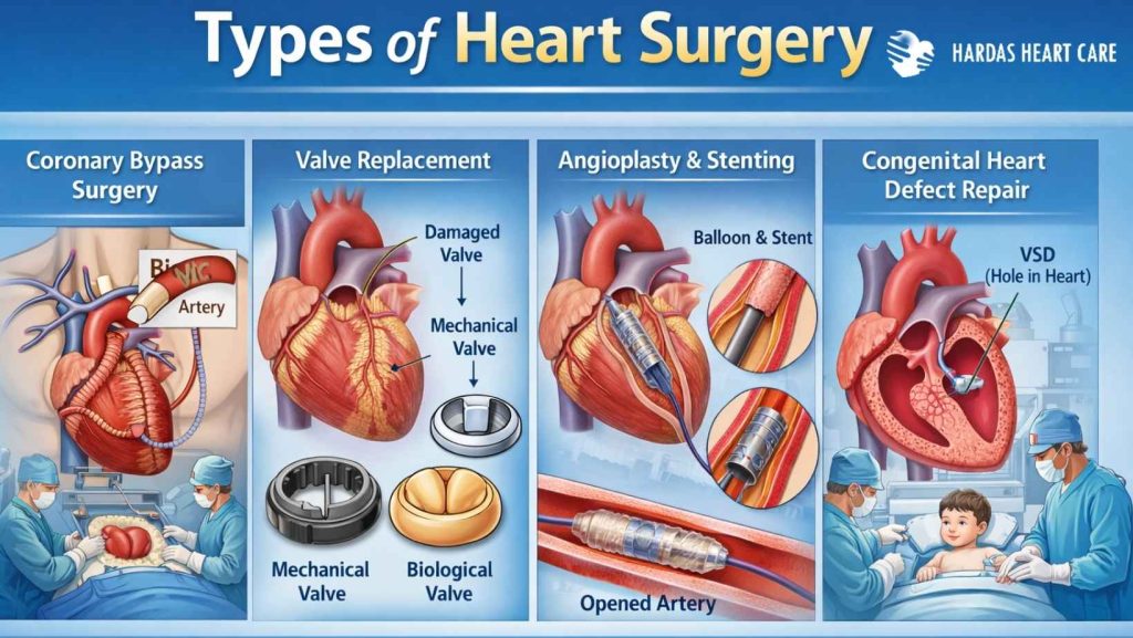 Types of heart surgery illustration including bypass, valve replacement and angioplasty