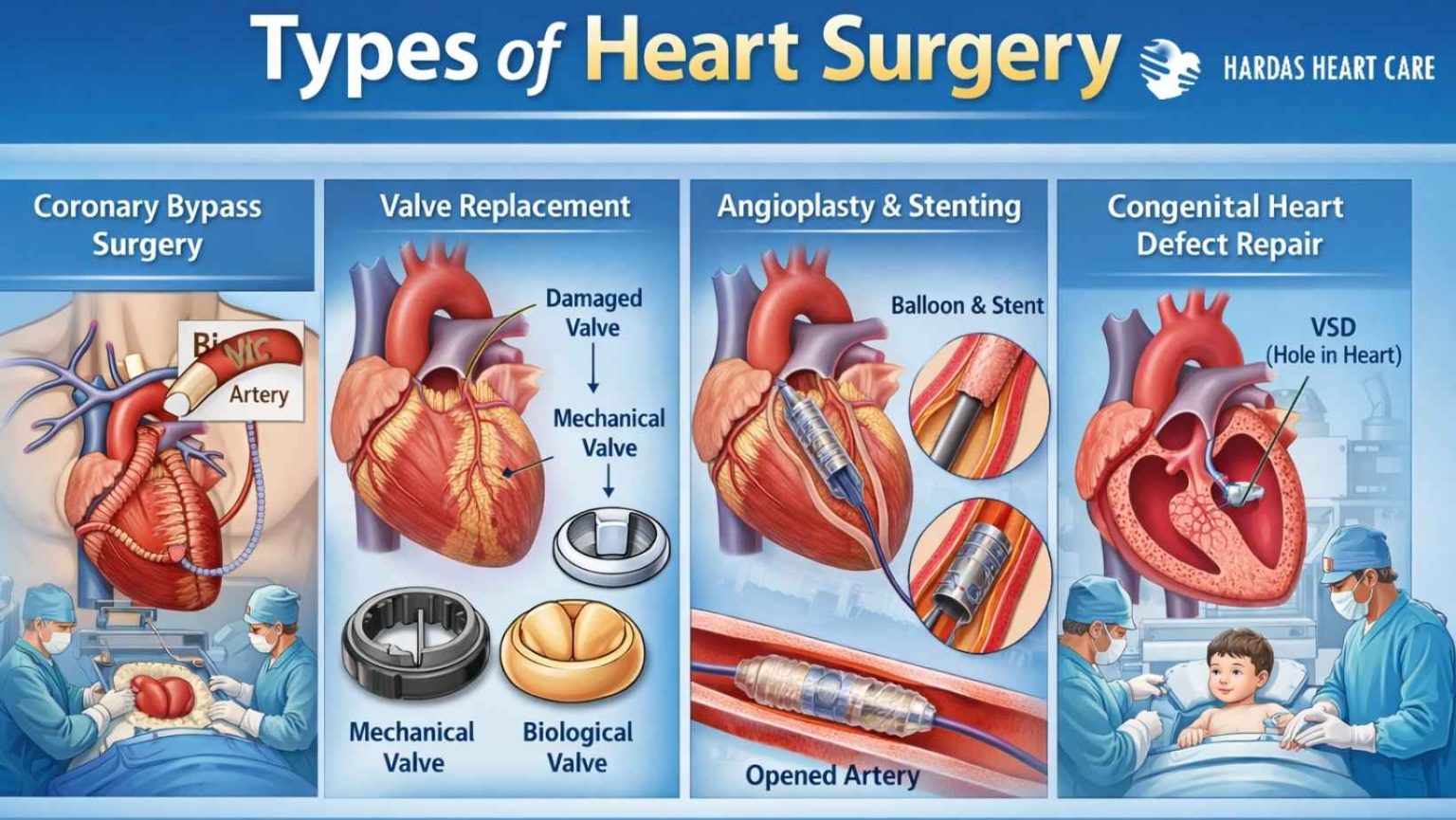Types of heart surgery illustration including bypass, valve replacement and angioplasty