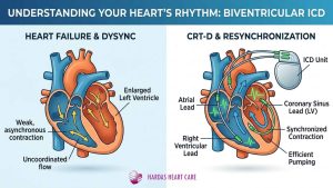 Biventricular ICD (CRT-D) device correcting an uncoordinated heart failure rhythm with 3 leads for efficient pumping. - top cardiologist in Pune