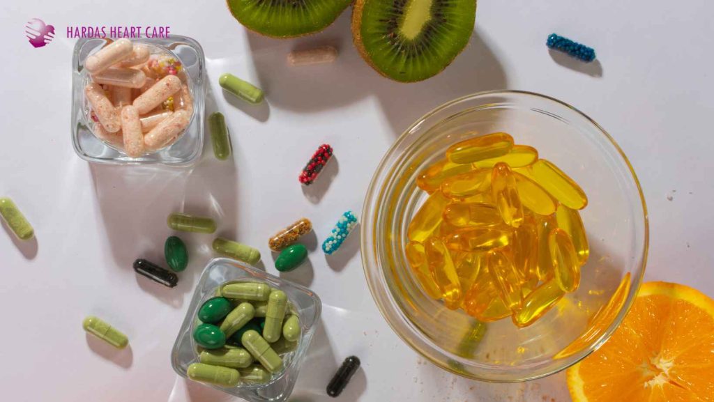 A balanced selection of fresh fruits, green vegetables, and dietary supplements managed by the best heart specialist in Pune.