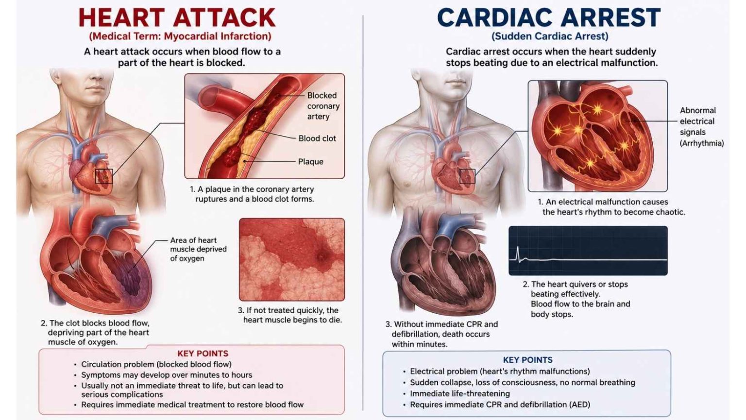 Anatomical illustration comparing cardiac arrest and heart attack, showing blocked artery, heart rhythm changes, symptoms, and causes.