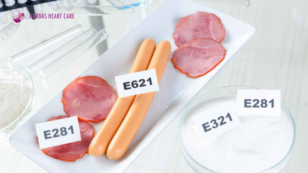 A selection of processed foods containing common preservatives linked to high blood pressure and heart disease, with expert advice from Dr. Suhas Hardas, a top cardiologist in Pune.