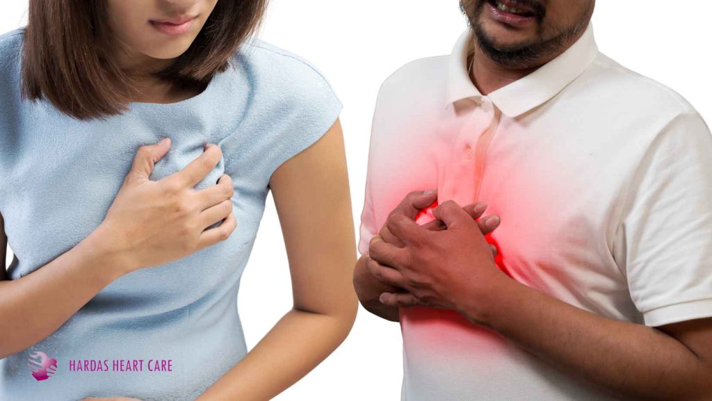 Medical illustration comparing heart failure and heart attack symptoms, causes and effects on the heart.