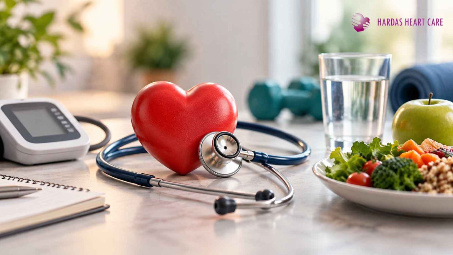 Heart health checkup with a heart, stethoscope, blood pressure monitor and healthy lifestyle elements