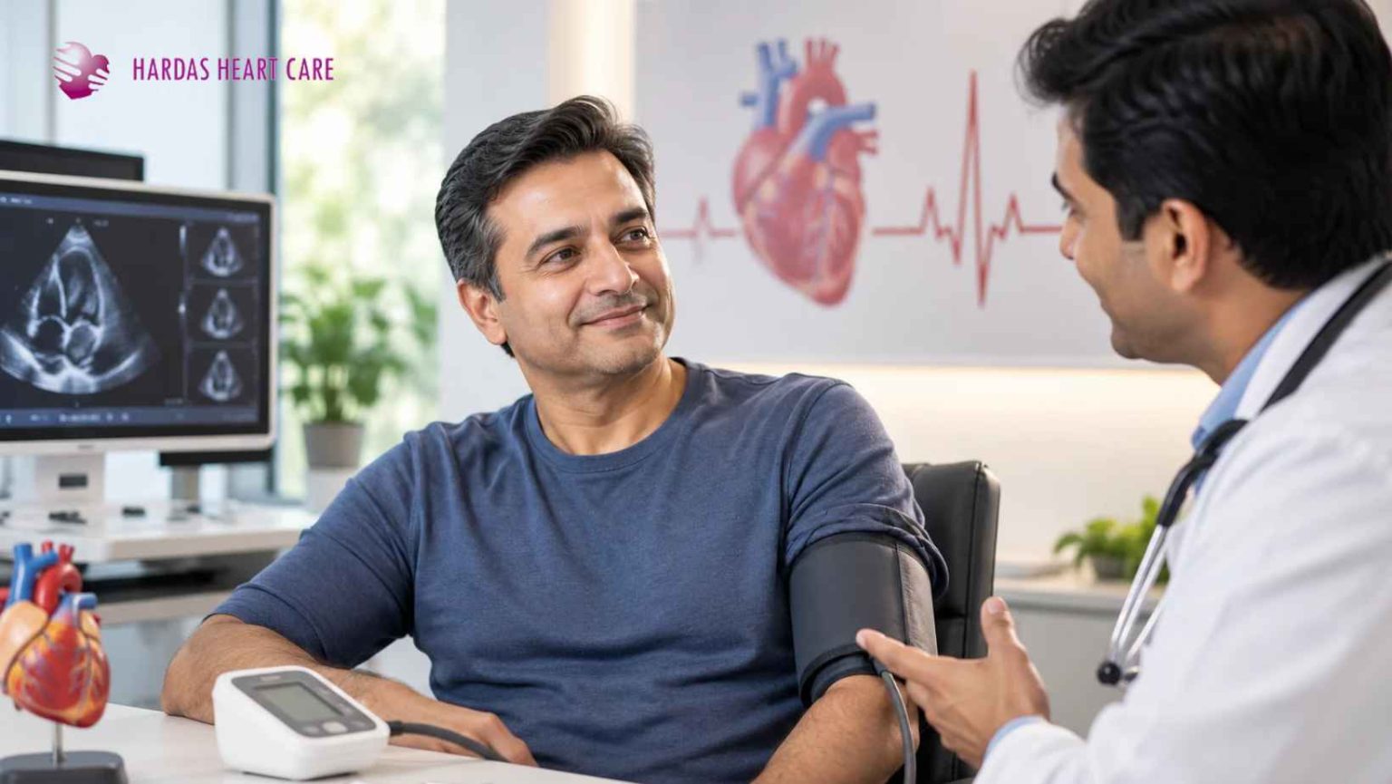Cardiologist discussing heart tests with a middle-aged patient during a cardiac health check-up