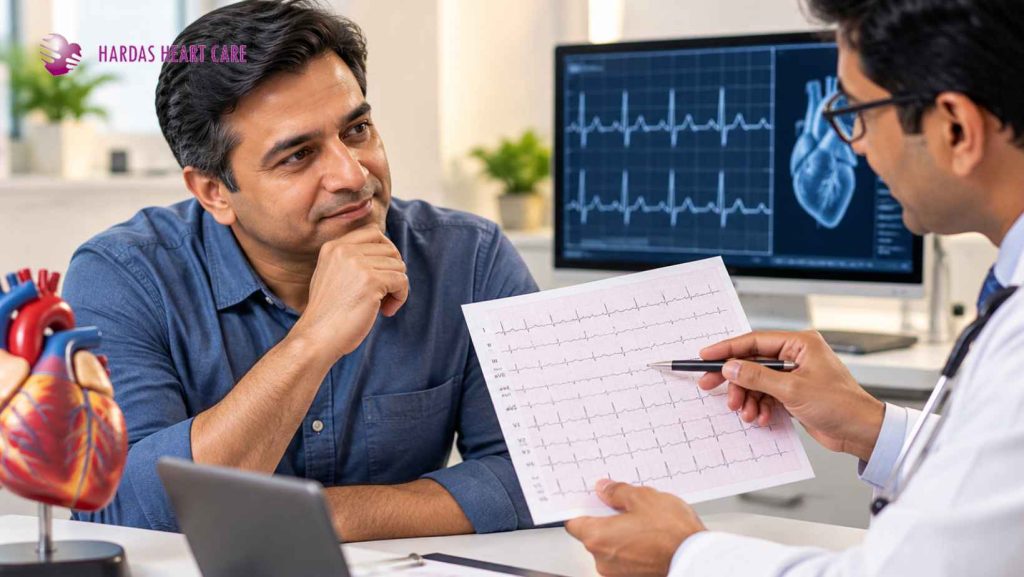 Cardiologist explaining an ECG report to a patient during a heart health consultation
