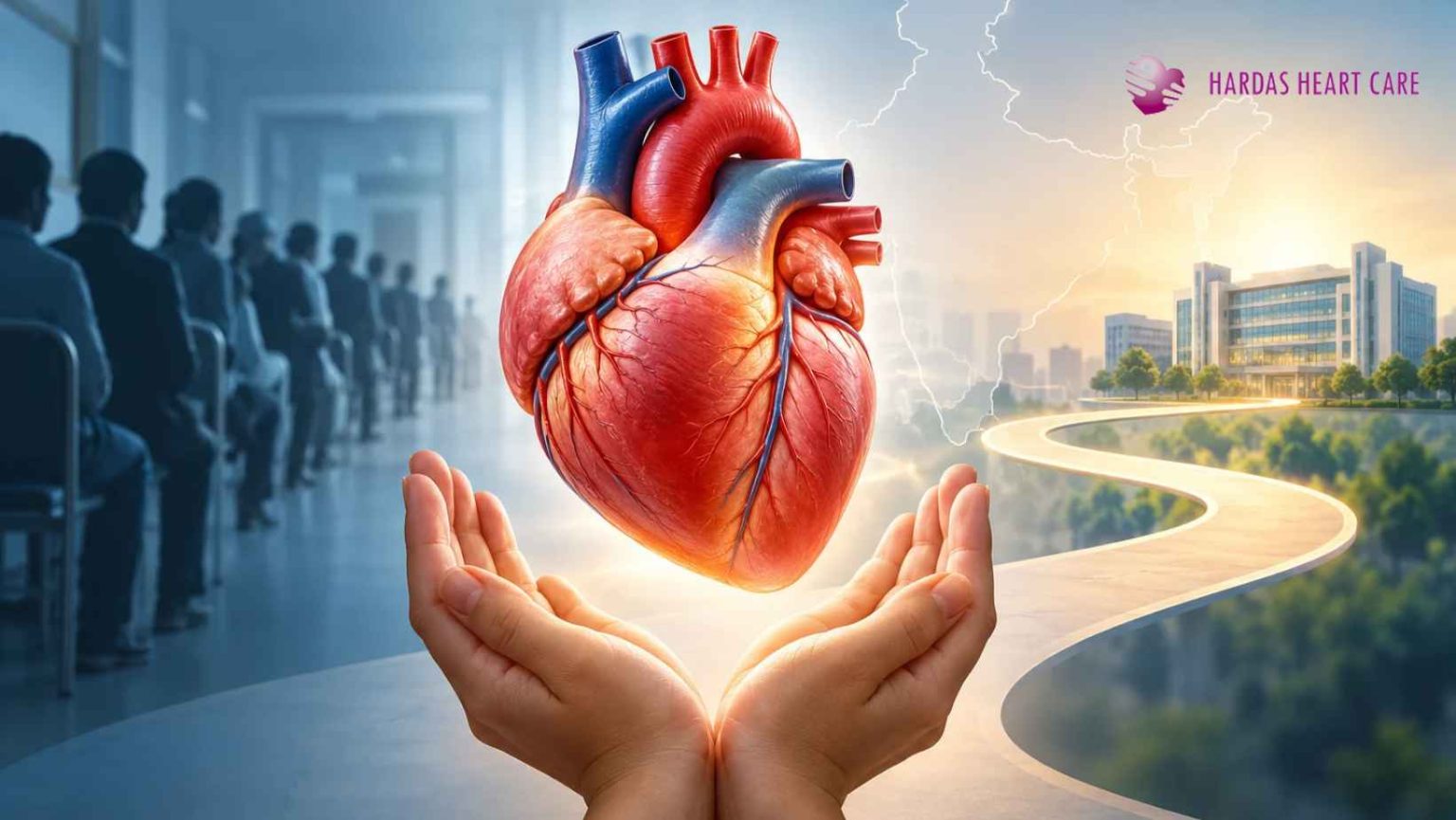 Human heart held in caring hands, representing heart transplant awareness and advanced heart failure care in India.