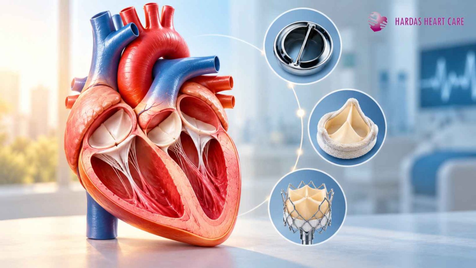 Anatomical illustration of the human heart with mechanical, tissue and transcatheter replacement heart valves.